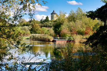 Fototapeta na wymiar The Ziegeleipark in Heilbronn with the Water Tower in the Background, Heilbronn, Germany