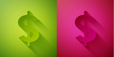 Paper cut Dollar symbol icon isolated on green and pink background. Cash and money, wealth, payment symbol. Casino gambling. Paper art style. Vector.