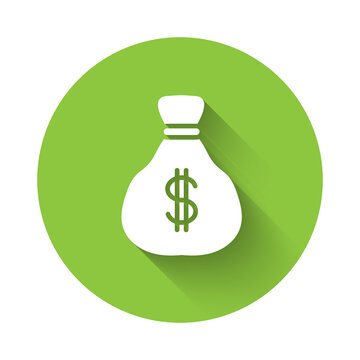 White Money bag icon isolated with long shadow. Dollar or USD symbol. Cash Banking currency sign. Green circle button. Vector.