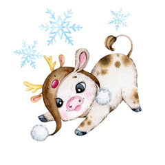 Naklejka premium Watercolor Christmas illustration, Cute Little Bull