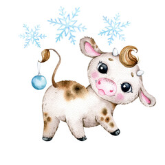 Watercolor Christmas illustration, Cute Little Bull