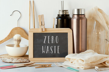 no-plastic sustainable items and text zero waste