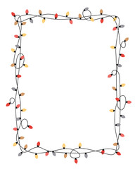 Xmas light bulbs frame, vertical rectangle shape. Simple but cute Christmas hand drawn frame. Vector illustration