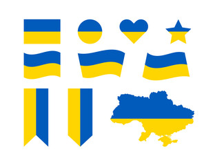 Ukraine flag and map isolated vector illustration signs set. Patriotic ribbon for national banner