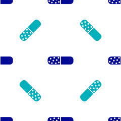 Blue Vitamin complex of pill capsule icon isolated seamless pattern on white background. Healthy lifestyle. Vector.