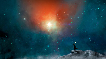 Magician standing in sci-fi landscape on mountain, rock with fog and colorful nebula. Space digital painting. Elements furnished by NASA. 3D rendering © Space Creator