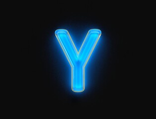 Blue and orange polished neon light glow transparent glass made alphabet - letter Y isolated on dark background, 3D illustration of symbols