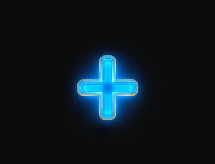 Blue and yellow glossy neon light glow crystal reflective font - plus isolated on dark, 3D illustration of symbols