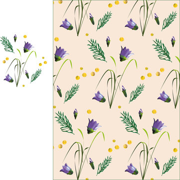 Elegant delicate background with leaves, bells, mimosa flowers for design.
