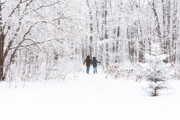 A young and beautiful couple is having fun in the snowy park, running and holding hands. Valentine's Day concept. Winter season.