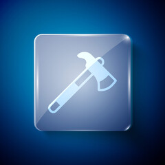 White Firefighter axe icon isolated on blue background. Fire axe. Square glass panels. Vector.