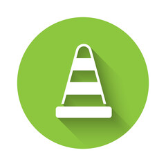 White Traffic cone icon isolated with long shadow. Green circle button. Vector.