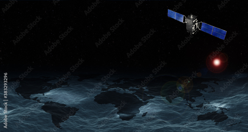 Poster a world map on a mesh showing the connection of wireless networks. and communication satellites orbi