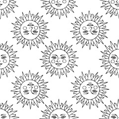 Monochrome seamless pattern with hand drawn sunshine on white background. Vector illustration.