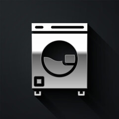 Silver Washer icon isolated on black background. Washing machine icon. Clothes washer - laundry machine. Home appliance symbol. Long shadow style. Vector.