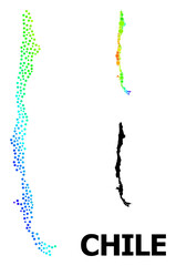 Pixel bright spectral, and solid map of Chile, and black title. Vector model is created from map of Chile with round dots. Illustration is useful for geographic templates.