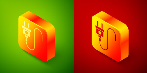 Isometric Electric plug icon isolated on green and red background. Concept of connection and disconnection of the electricity. Square button. Vector.