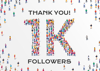 1K Followers. Group of business people are gathered together in the shape of 1000 word, for web page, banner, presentation, social media, Crowd of little people. Teamwork. Vector illustration