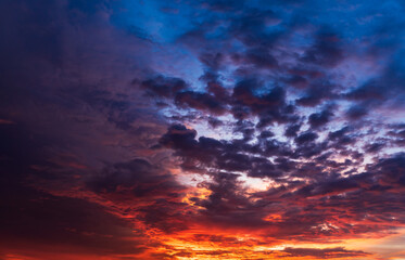 Dramatic sky clouds after sunset in the evening with colorful sunlight on twilight sky