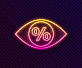 Glowing neon line Eye with percent icon isolated on black background. Shopping tag sign. Special offer sign. Discount coupons symbol. Vector Illustration.