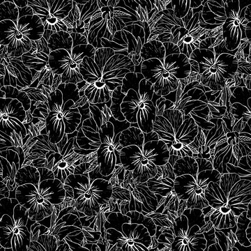 Monochrome floral seamless pattern with hand drawn pansy flowers on black background. Stock vector illustration.