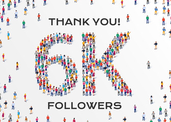 6K Followers. Group of business people are gathered together in the shape of 6000 word, for web page, banner, presentation, social media, Crowd of little people. Teamwork. Vector illustration