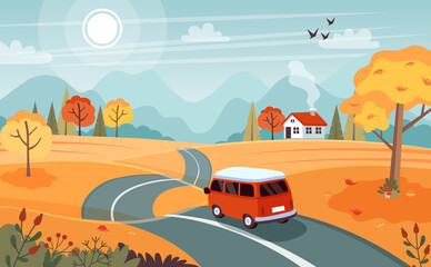 Autumn trip. Landscape with a cute van on the road. illustration in flat style © Biscotto Design