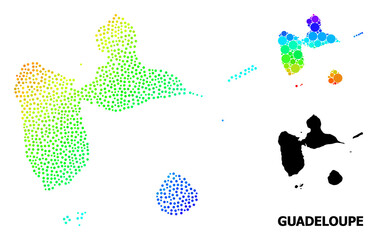 Pixelated bright spectral, and monochrome map of Guadeloupe, and black tag. Vector model is created from map of Guadeloupe with circles. Illustration is useful for geographic purposes.