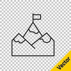 Black line Mountains with flag on top icon isolated on transparent background. Symbol of victory or success concept. Goal achievement. Vector.