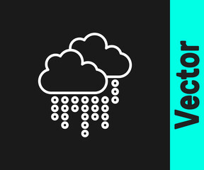 White line Cloud with rain icon isolated on black background. Rain cloud precipitation with rain drops. Vector.