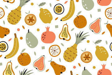 Tropical summer fruit seamless pattern. Vector repeat background for colorful summer fabric. Vector illustration for menu design, packaging, cooking book. Tropical organic fruit. Hand drawn fruits.