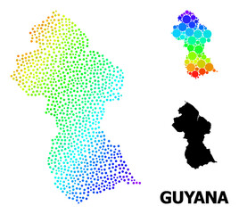 Obraz premium Pixelated spectrum, and monochrome map of Guyana, and black caption. Vector structure is created from map of Guyana with circles. Illustration is useful for geographic templates.