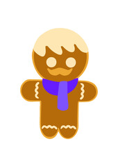 Vector illustration of a gingerbread man with a blue scarf on a white background. Christmas holiday. Traditional sweet food, dessert, decoration design greeting.
