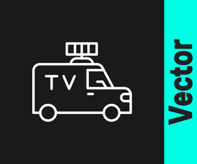 White line TV News car with equipment on the roof icon isolated on black background. Vector.