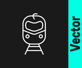 White line Train and railway icon isolated on black background. Public transportation symbol. Subway train transport. Metro underground. Vector.