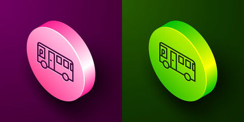 Isometric line Bus icon isolated on purple and green background. Transportation concept. Bus tour transport sign. Tourism or public vehicle symbol. Circle button. Vector.