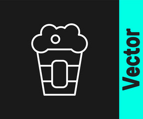 White line Popcorn in cardboard box icon isolated on black background. Popcorn bucket box. Vector.