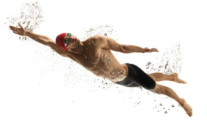 To top. Caucasian professional sportsman, swimmer training isolated on white studio background....