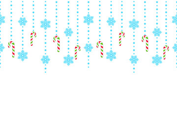 Christmas and New Year background with hanging candy canes, blue snowflakes and beads. Vector seamless border for festive design, Christmas wallpaper, poster, banner, greeting card, packaging, wrapper