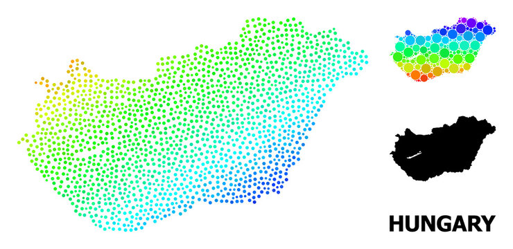 Pixel spectrum, and monochrome map of Hungary, and black name. Vector model is created from map of Hungary with circles. Template is useful for geographic ads. Spectral gradient map of Hungary,