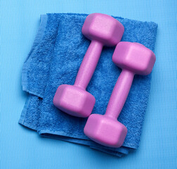 pair of purple dumbbells and blue towel on a blue background