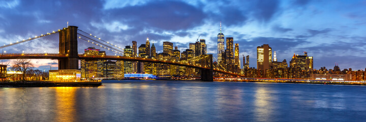 Fototapeta na wymiar New York City skyline night Manhattan town panoramic Brooklyn Bridge World Trade Center