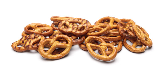 Pile of salty cookies isolated on white background.