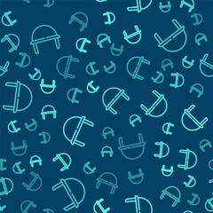 Green line Military helmet icon isolated seamless pattern on blue background. Army hat symbol of defense and protect. Protective hat. Vector.