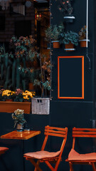 Cafe shop, dark concept, natural styling. Modern architecture.