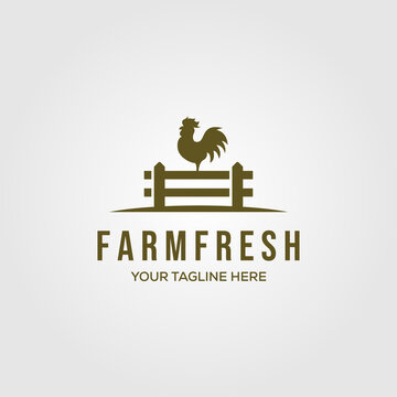 chicken farm logo vector illustration design, rooster on fence logo design