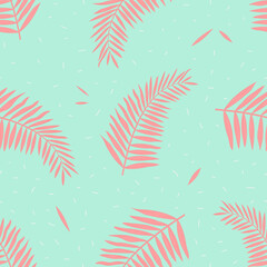 Fototapeta na wymiar Vector seamless pattern with tropical leaves of palm in bright colors on blue background. For wallpapers, decoration, invitation, fabric, textile and print, web page backdrop, gift and wrapping paper.