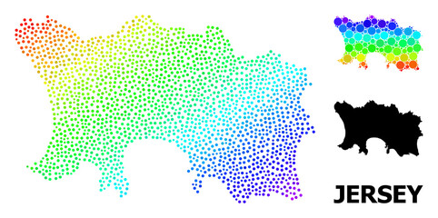 Pixel rainbow gradient, and solid map of Jersey Island, and black title. Vector model is created from map of Jersey Island with spheres. Template is useful for political templates.