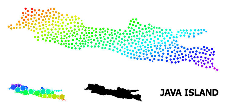 Dotted bright spectral, and solid map of Java Island, and black tag. Vector structure is created from map of Java Island with spheres. Template is useful for geographic templates.