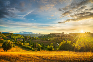 Urbino city and contryside landscape at sunset. Marche region, Italy. - 383300053